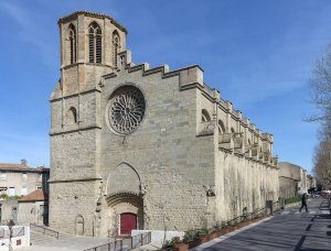 Facade of Carcassonne Cathedral in Aude, France showing Gothic architectural details