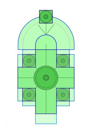 Schematic plan showing heights of roofs and walls of Sacré-Cœur de Montmartre with simplified chapel ring