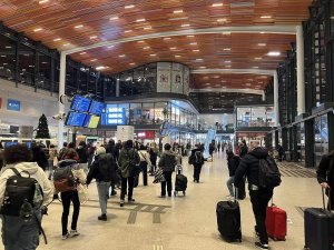 Interior space of Gare de Lyon-Part-Dieu railway station in Lyon with architectural details