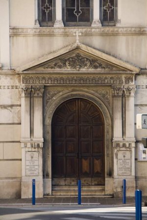 ornate wooden door entrance of Saint Nicolas and Sainte Alexandra Russian Orthodox church in Nice