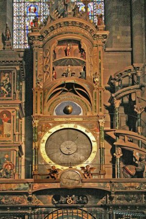 astronomical clock inside Strasbourg Cathedral showing earth and moon orbits with planetary paths