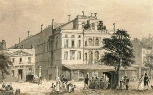 Illustration of the Cirque Olympique theatre by Jacques-Alphonse Testard in ink and gouache