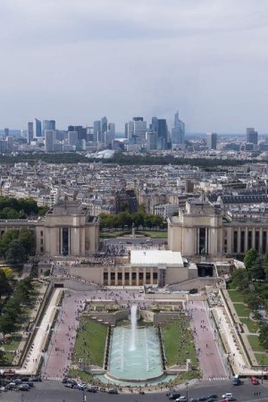 Northwestern view of Jardins du Trocadéro with fountains and gardens as seen from the Eiffel Tower in Paris