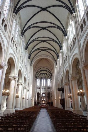 Interior view of the Church of Our Lady of the Holy Cross of Ménilmontant showing architectural details