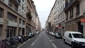 View down Rue de Marseille from corner of Rue Jaboulay towards Place Gabriel-Péri in Lyon