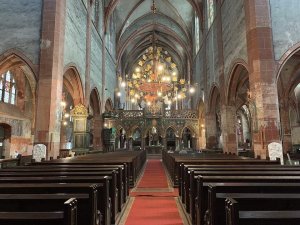 Interior view of Saint-Pierre-le-Jeune Protestant Church in Strasbourg featuring architectural details