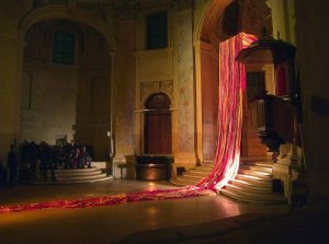 art installation titled Traversée by Aurélie Flor-Jeanmaire inside Temple du Marais during Nuit Blanche