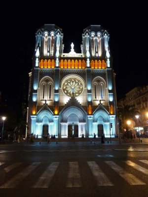 Notre-Dame de Nice basilica illuminated at night