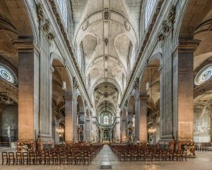 Nave interior of Saint-Sulpice church with ornate architectural details