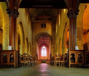 Interior view of Notre-Dame-en-Saint-Melaine church in Rennes with artistic architectural details