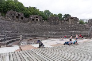 Overview of the Odeon ancient Roman theater in Lyon from the orchestra area