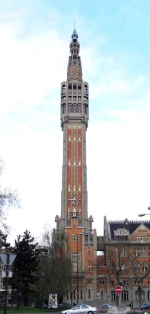 Facade of the Belfry at Lille City Hall showing historic architectural details