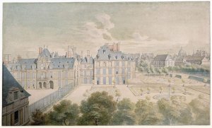 Gardens of the Hôtel de Condé viewed from rue de Condé with iron fence and courtyard of honor