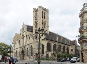 Exterior view of Saint-Nicholas-des-Champs Church at the corner of Saint-Martin and Cunin-Gridaine streets in Paris