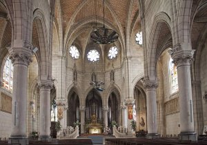 Nave of Église Sainte-Eugénie church interior in Biarritz with ornate architecture