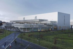 Modern architectural building of the National Archives in Pierrefitte-sur-Seine designed by Massimiliano Fuksas