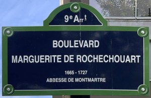 Street sign plaque for boulevard Marguerite de Rochechouart in Paris