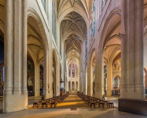 Interior view of Church of Saint-Gervais-Saint-Protais looking east toward altar with ornate decorations