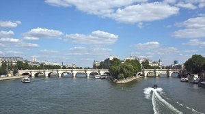 Western sides of the Île de la Cité and Pont Neuf bridge in Paris looking east