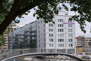 Exterior view of the modern Médiathèque André-Malraux library building in Strasbourg