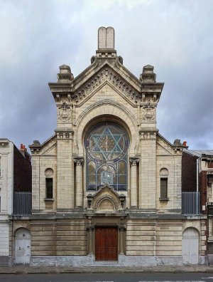 Façade of the Synagogue de Lille in Nord region showing architectural details and street surroundings