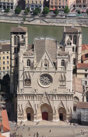 View of Lyon Cathedral from the rooftops of Basilique Notre-Dame de Fourvière