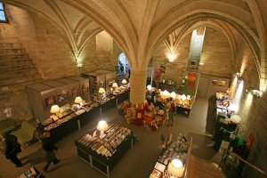 Interior view of the library room in the Palais des Papes featuring historic shelves and windows