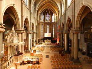 Interior view of Sainte-Blandine church nave and choir from the mezzanine in Lyon