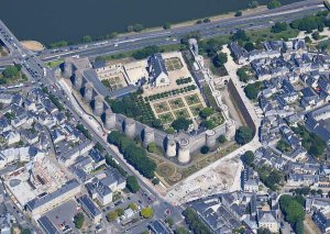 Aerial view of Château d'Angers seen from the southeast showing the castle walls and surrounding area