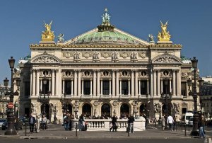 Frontal view of Palais Garnier, the Paris Opera House with detailed architectural facade
