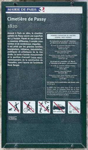 Street sign showing Passy Cemetery entrance on Rue du Commandant Schloesing in Paris