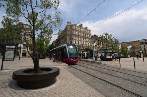 Tramway train running at Darcy Square in Dijon