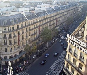 Aerial view of Boulevard Haussmann in Paris from the roof of Galeries Lafayette
