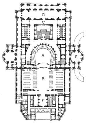 Architectural plan drawing of the Palais Garnier Grand Opera House in Paris showing labeled areas including auditorium, stage, grand staircase, saloon, royal entrance, and green-room