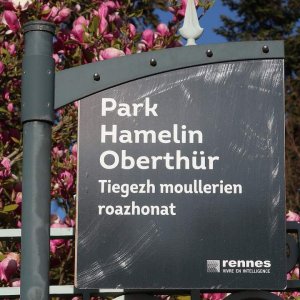 Street name sign for Parc Hamelin Oberthür in Rennes, France