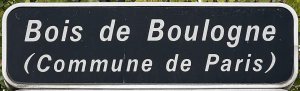 Entrance sign for Bois de Boulogne along route from Porte des Sablons to Porte Maillot in Paris