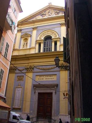 Facade of the Church of Gesù in Nice Old Town with a small square in front