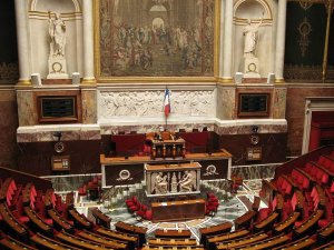 Interior view of the hemicycle in the Palais Bourbon, National Assembly chamber