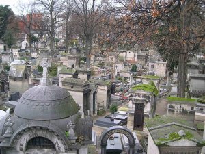 Aerial perspective showing Montmartre Cemetery with rows of graves and surrounding greenery