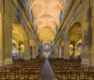 Interior view of the nave of Saint-Nicolas-du-Chardonnet church in Paris