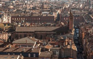 Aerial view of Notre-Dame du Taur church seen from Saint-Sernin basilica bell tower in Toulouse