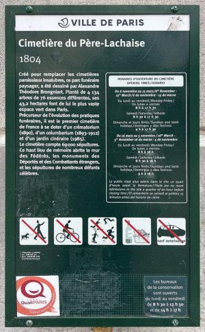 Entrance sign of Père Lachaise Cemetery in Paris