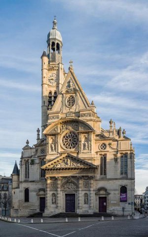 West front of Saint-Étienne-du-Mont seen from Place du Pantheon in Paris
