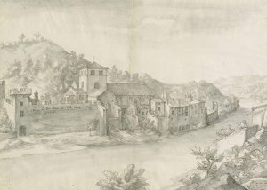 Engraving of Abbaye de l'Île Barbe near Lyon from 1616