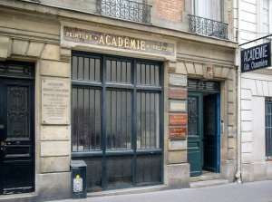 Facade of Académie de la Grande Chaumière art school at 14 rue de la Grande-Chaumière in Paris 6th arrondissement