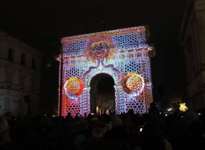 Gate of Peyrou illuminated at night in Montpellier