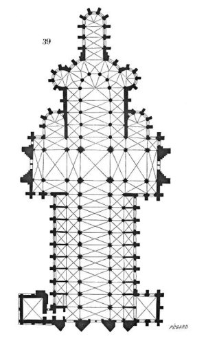 Architectural design plan of Rouen Cathedral showcasing Norman and French styles