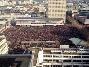 crowd of about 115000 people gathered in a large republican march at Charles-de-Gaulle esplanade in Rennes