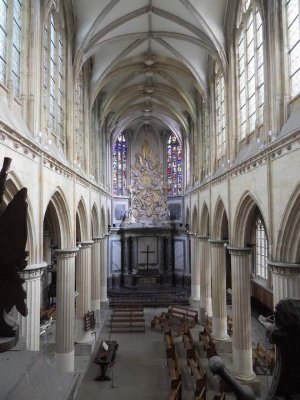View of the nave interior of Saint-Eloi Church in Rouen showing architectural details