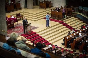 Interior view of Synagogue de la Paix during the 36th International Taizé Meeting in Strasbourg